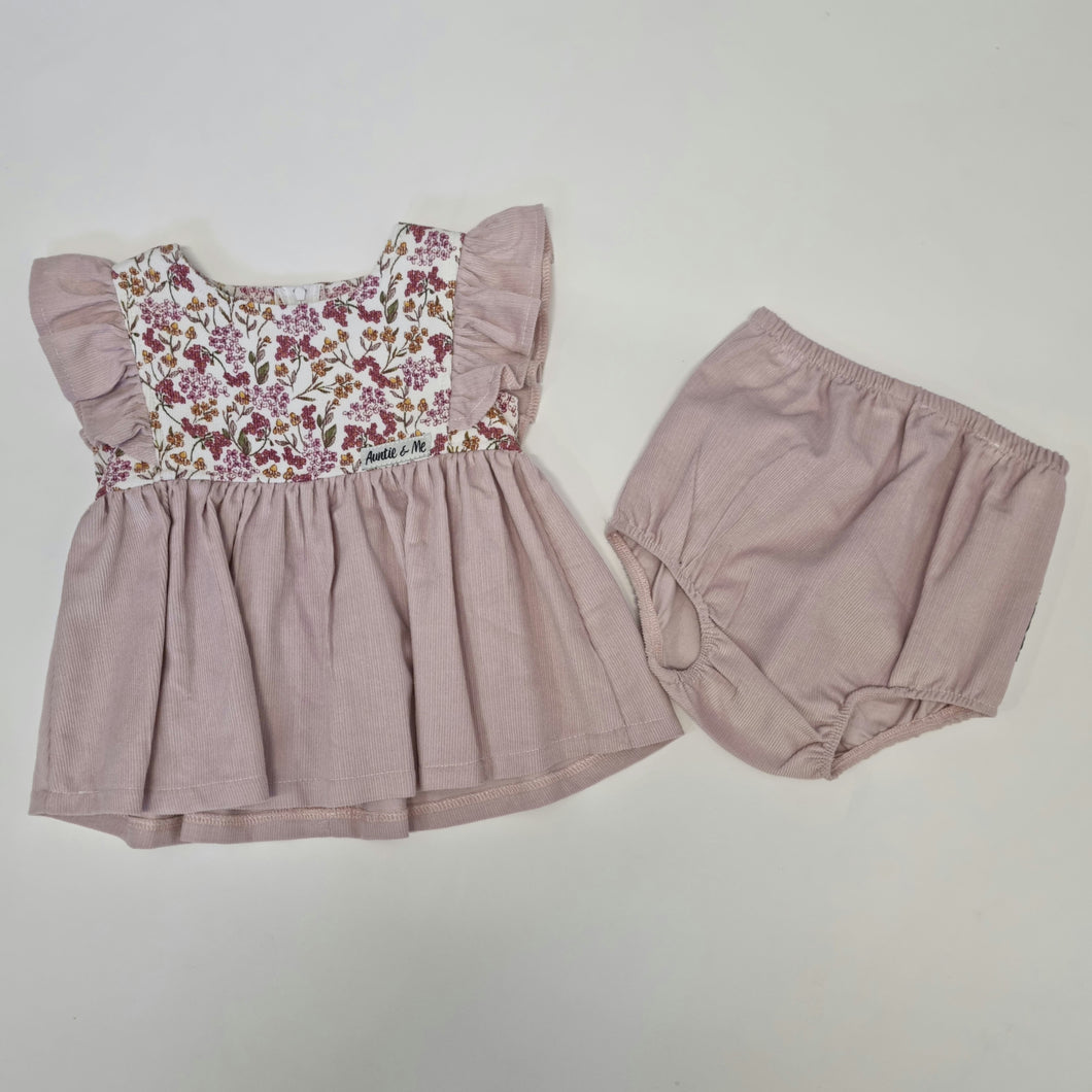 Ivy Ruffle + Bloomer Set - Pink with Floral (corduroy)