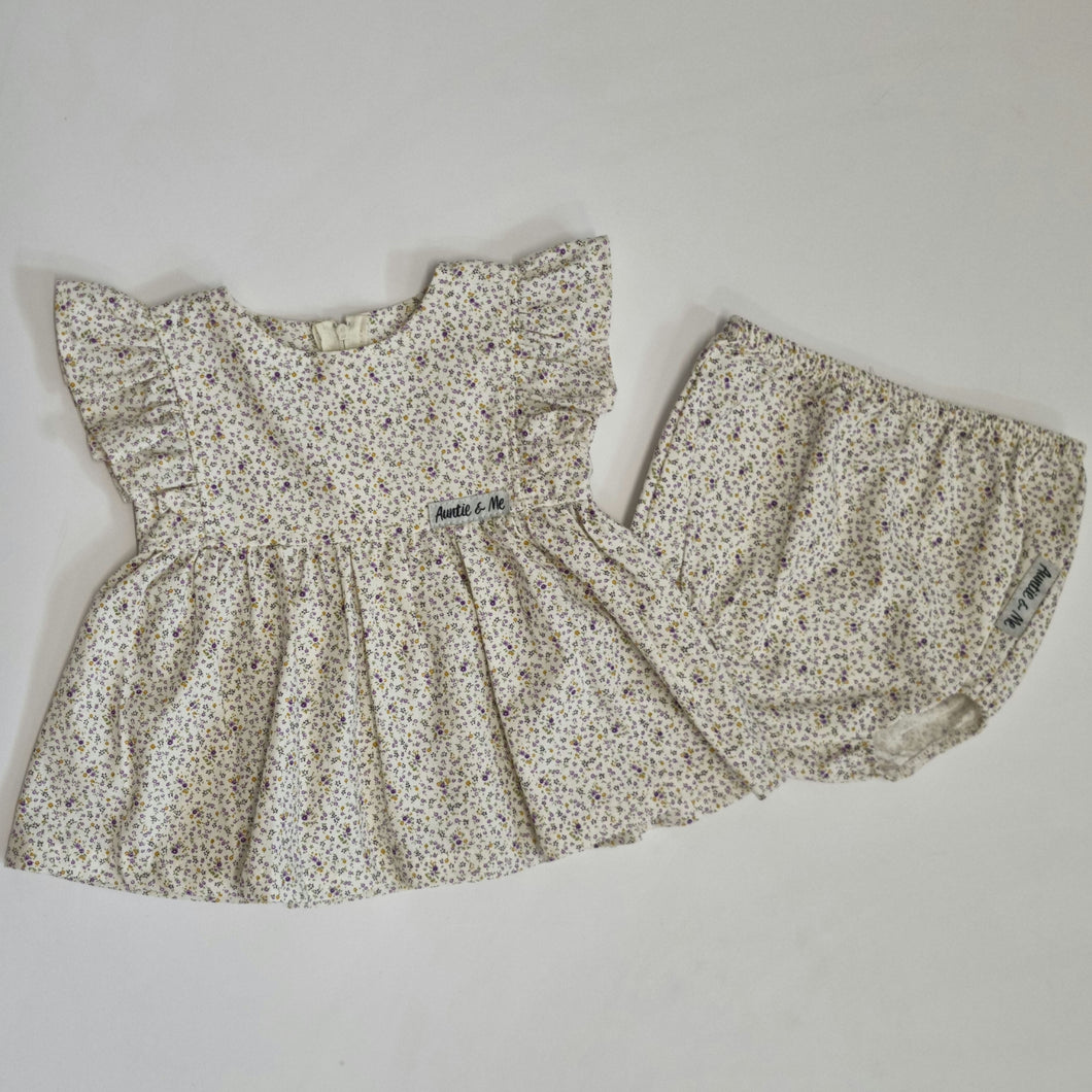 Ivy Ruffle + Bloomer Set - Cream with Mini Mauve Floral