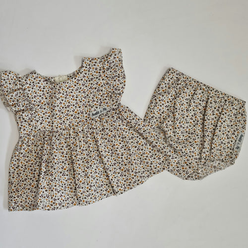 Ivy Ruffle + Bloomer Set - Cream with Mini Mustard Floral