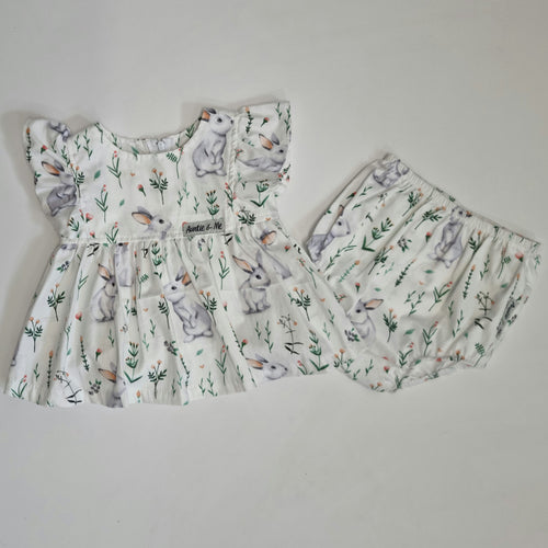 Ivy Ruffle + Bloomer Set - White with Bunnies