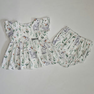 Ivy Ruffle + Bloomer Set - White with Bunnies